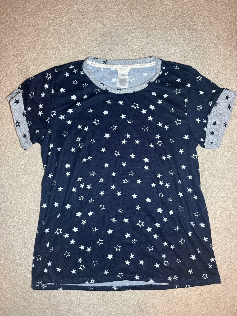Lucky Brand Navy Star Print Short Sleeve Tee with Heather Trim